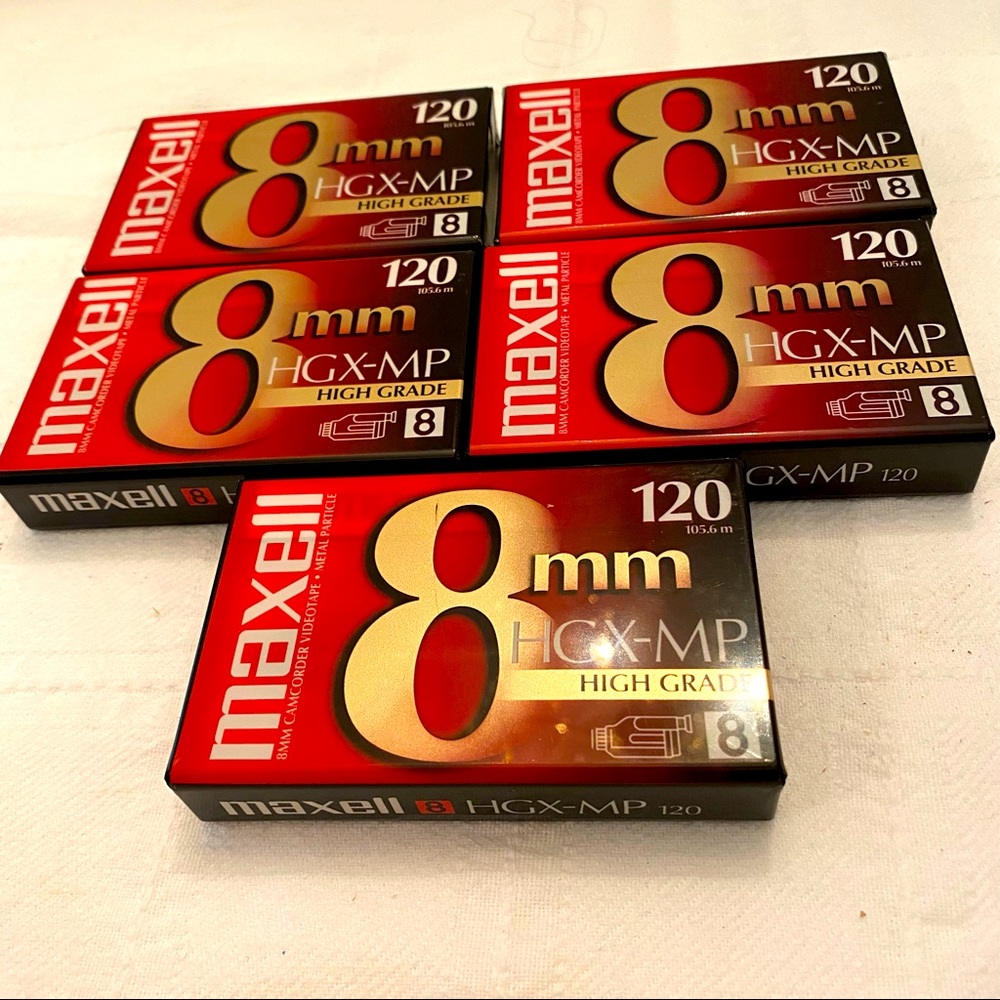 5 sealed tapes. Maxell 8mm HGX-MP high grade camcorder videotapes